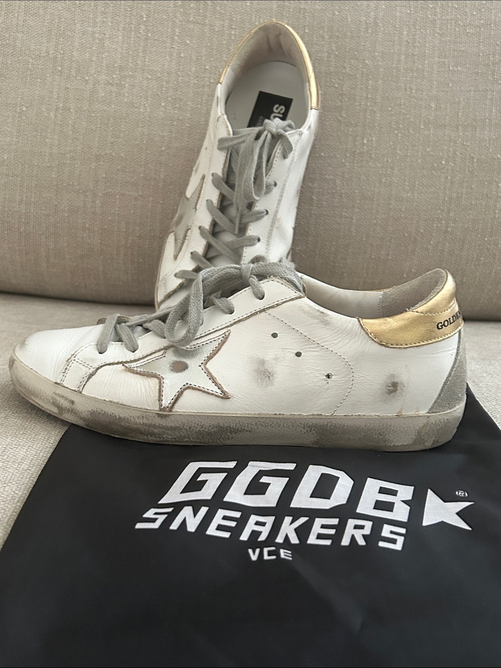 Golden Goose White Leather Superstar Sneakers with Gold Heel Tab 38 size 8